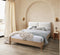 CAMA QUEEN EN TELA BLANCA Y PATAS ACABADO DE MADERA