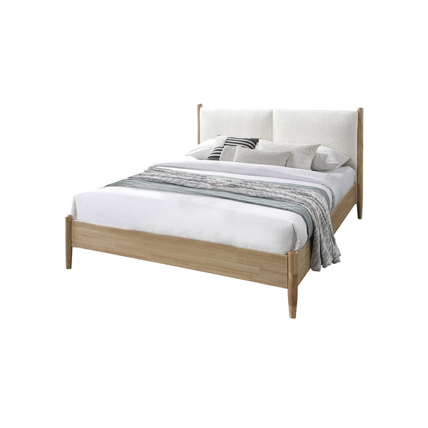 CAMA QUEEN EN TELA BLANCA Y PATAS ACABADO DE MADERA