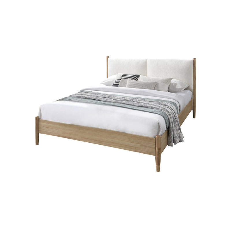 CAMA QUEEN EN TELA BLANCA Y PATAS ACABADO DE MADERA