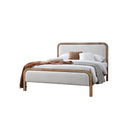 CAMA QUEEN EN TELA BLANCA ACABADO DE MADERA