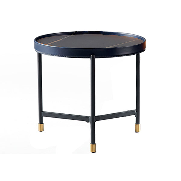 MESA DE CENTRO CON TOPE DE CERAMICA PU AZUL Y PATAS NEGRAS CON CASQUILLOS DORADOS