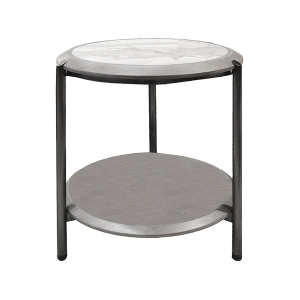 MESA LATERAL CON TOPE ESTILO MARMOL Y ACABADO MADERA GRIS