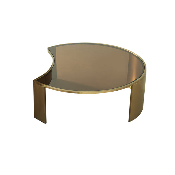 MESA DE CENTRO EN LATON CEPILLADO DORADO Y VIDRIO MARRON