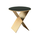 MESA LATERAL CON TOPE DE VIDRIO NEGRO Y BASE DORADA