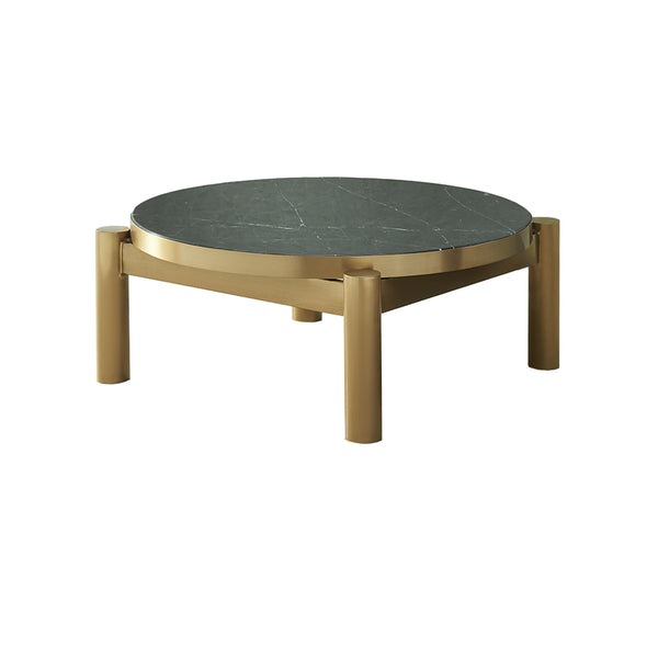 MESA DE CENTRO CON TOPE ESTILO MARMOL NEGRO Y BASE DORADA
