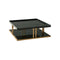 MESA DE CENTRO CON TOPE ESTILO MARMOL NEGRO Y BASE DORADA