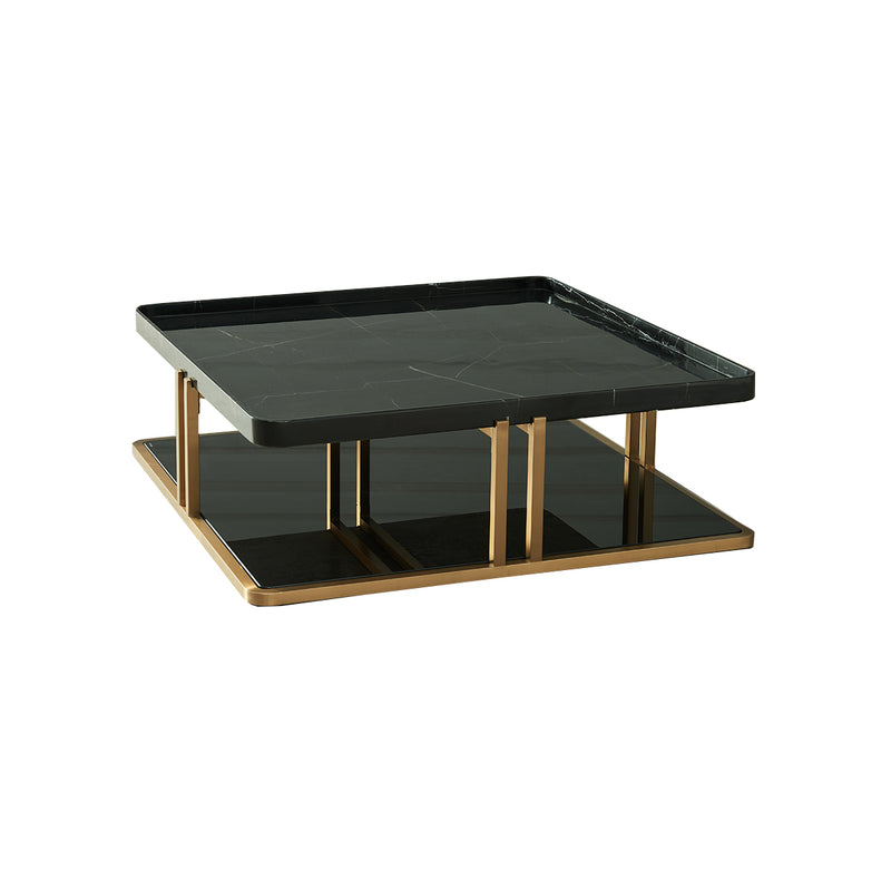 MESA DE CENTRO CON TOPE ESTILO MARMOL NEGRO Y BASE DORADA