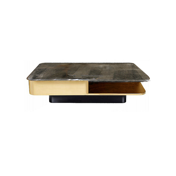 MESA DE CENTRO DE MADERA CON TOPE DE MÁRMOL NATURAL GRIS HERMES BASE MDF Y ACERO INOXIDABLE