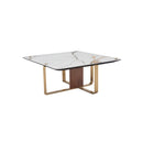 MESA DE CENTRO CON TOPE  DE CERAMICA CON BASE MARRON Y METAL DORADO