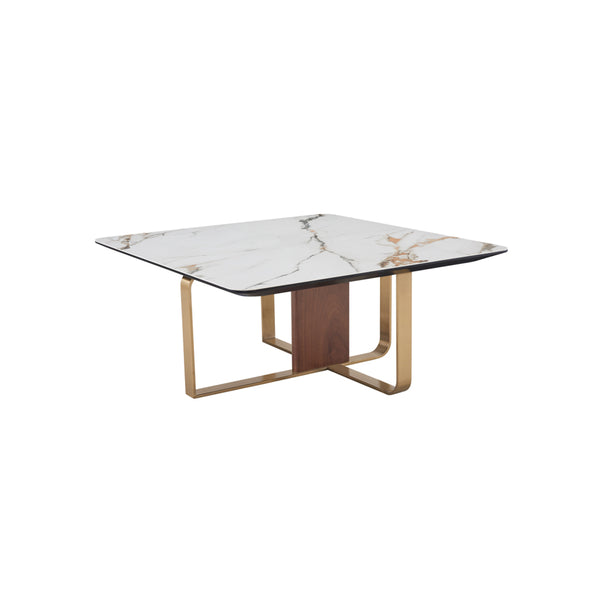 MESA DE CENTRO CON TOPE  DE CERAMICA CON BASE MARRON Y METAL DORADO