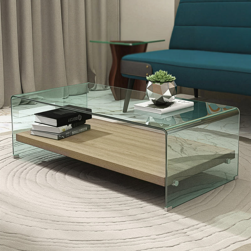 MESA DE CENTRO DE VIDRIO Y ACABADO DE MADERA
