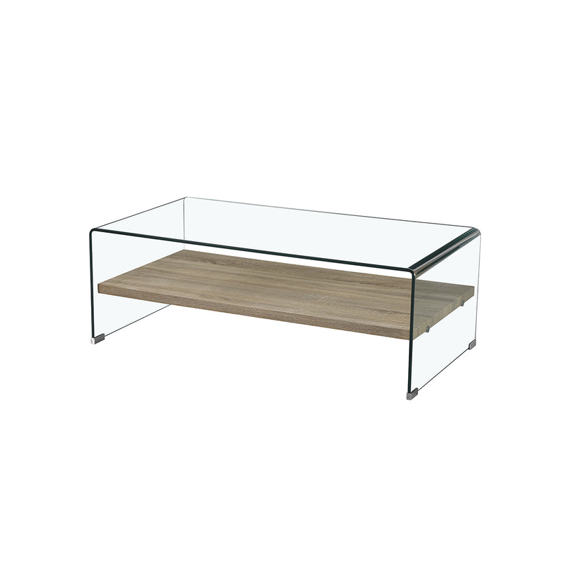 MESA DE CENTRO DE VIDRIO Y ACABADO DE MADERA