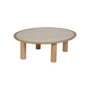 MESA DE CENTRO TOPE ESTILO CERAMICA Y BASE ACABADO DE MADERA NATURAL