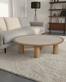 MESA DE CENTRO TOPE ESTILO CERAMICA Y BASE ACABADO DE MADERA NATURAL