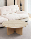 MESA DE CENTRO TOPE ESTILO CERAMICA Y BASE ACABADO DE MADERA NATURAL