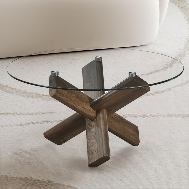 MESA DE CENTRO TOPE DE VIDRIO Y PATAS ACABADO DE MADERA