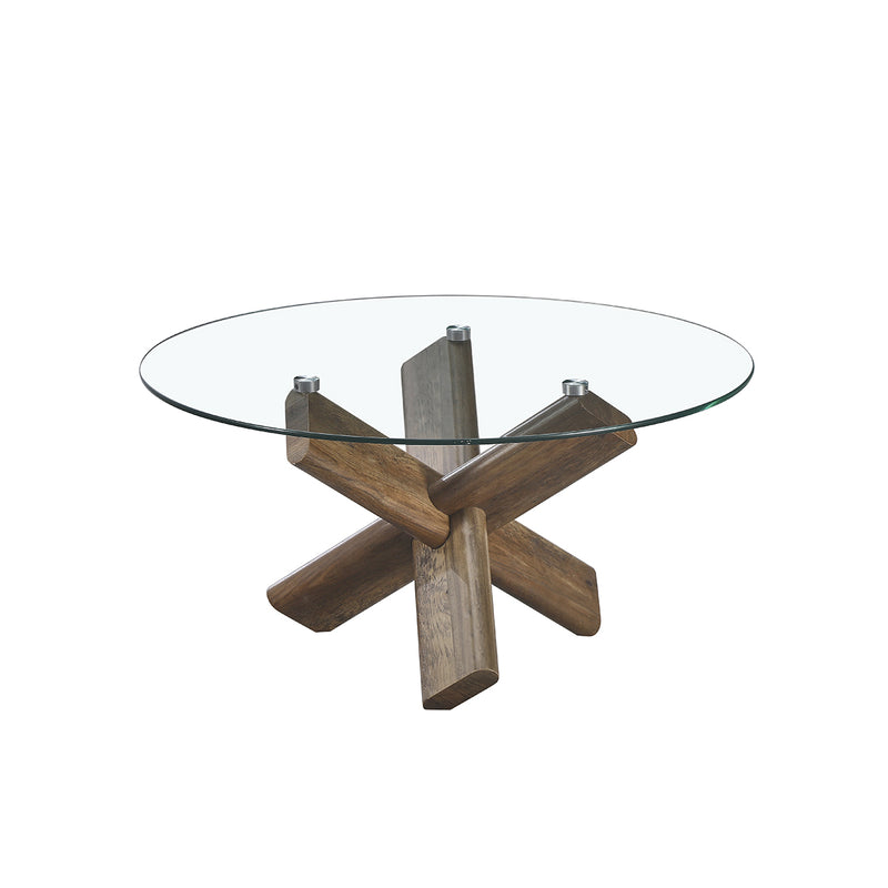 MESA DE CENTRO TOPE DE VIDRIO Y PATAS ACABADO DE MADERA