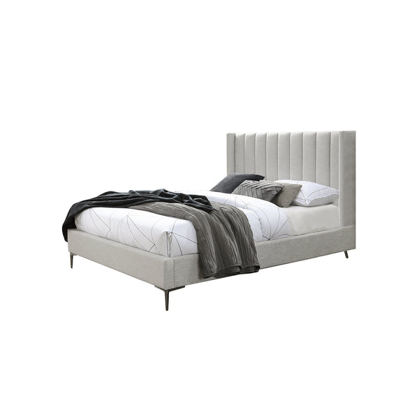 CAMA QUEEN DELUNA EN TELA GRIS Y PATAS CROMADAS