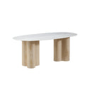 MESA DE COMEDOR TOPE DE MARMOL ARTIFICIAL Y BASE ACABADO DE MADERA