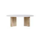 MESA DE COMEDOR TOPE DE MARMOL ARTIFICIAL Y BASE ACABADO DE MADERA