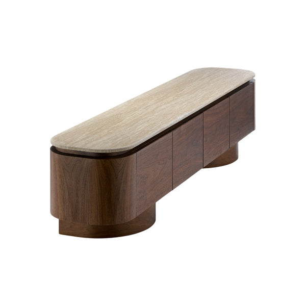 MESA DE TV TOPE ESTILO MARMOL Y BASE ACABADO DE MADERA