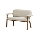 BANCO EN TELA TEXTURIZADA BEIGE Y PATAS ACABADOS DE MADERA