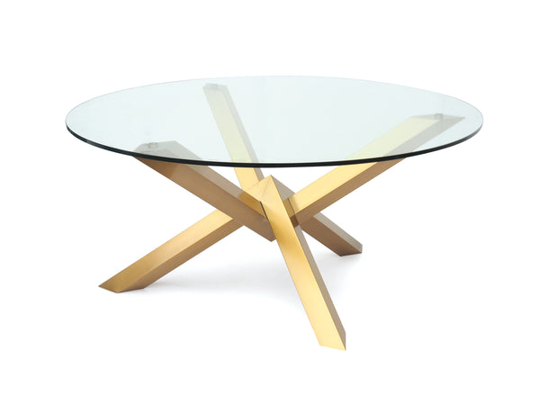 MESA DE COMEDOR CON TOPE VIDRIO TRANSPARENTE Y PATAS DORADAS