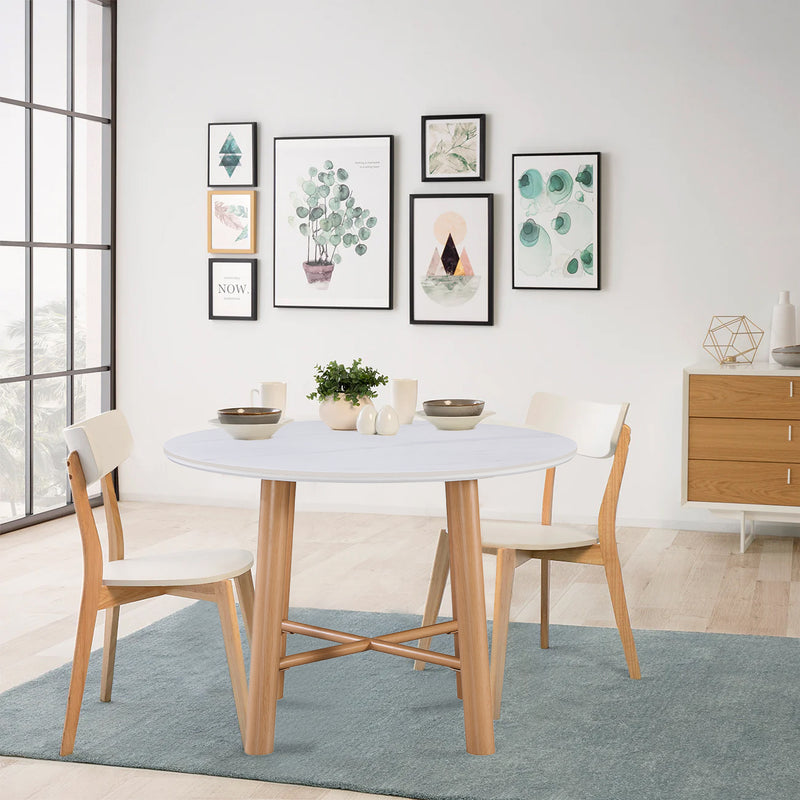 MESA DE COMEDOR DE CON TOPE DE CERAMICA BASE ACABADO DE MADERA CLARA