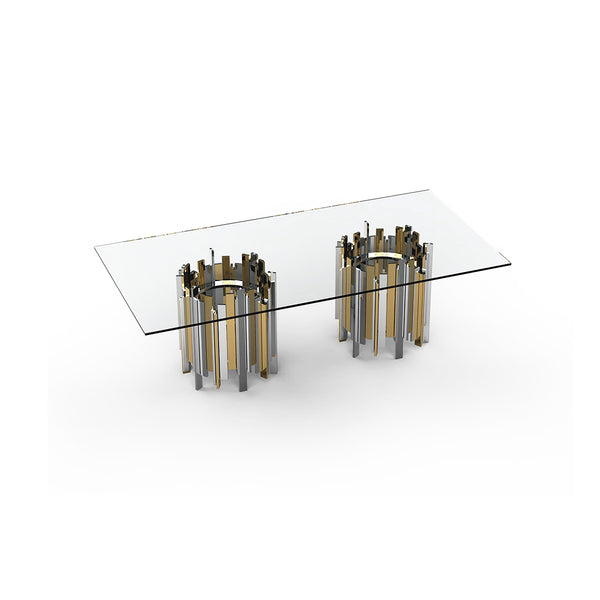 MESA DE COMEDOR CON TOPE DE VIDRIO TRANSPARENTE CON  BASE DORADA Y PLATEADA