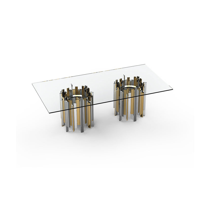MESA DE COMEDOR CON TOPE DE VIDRIO TRANSPARENTE CON  BASE DORADA Y PLATEADA