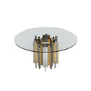 MESA DE COMEDOR EN VIDRIO TRANSPARENTE CON ACABADO DORADO Y PLATEADO