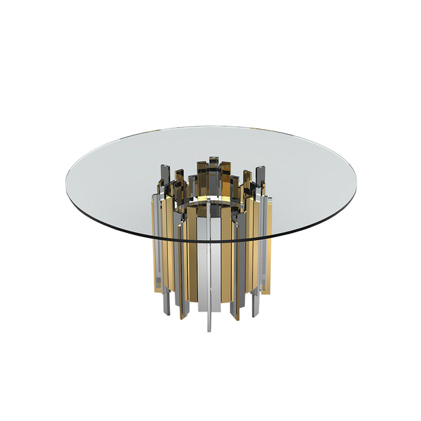 MESA DE COMEDOR EN VIDRIO TRANSPARENTE CON ACABADO DORADO Y PLATEADO