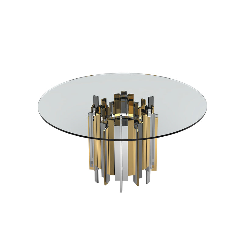 MESA DE COMEDOR EN VIDRIO TRANSPARENTE CON ACABADO DORADO Y PLATEADO