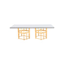 MESA DE COMEDOR TOPE DE VIDRIO TRANSPARENTE Y BASE DORADA