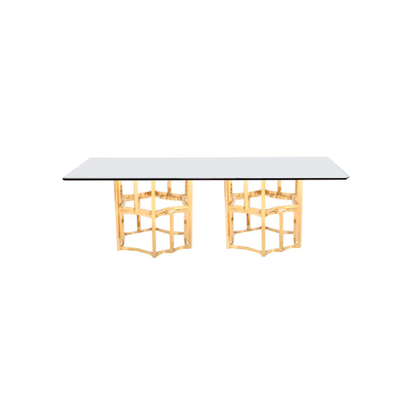 MESA DE COMEDOR TOPE DE VIDRIO TRANSPARENTE Y BASE DORADA