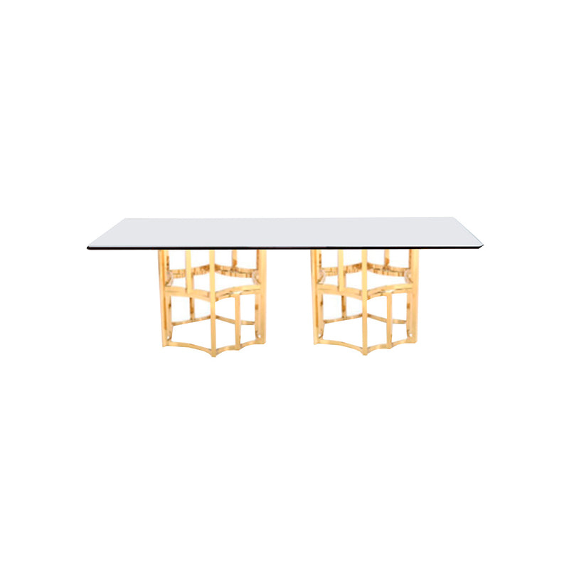 MESA DE COMEDOR TOPE DE VIDRIO TRANSPARENTE Y BASE DORADA