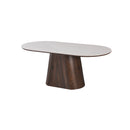 MESA DE COMEDOR CON TOPE ESTILO MARMOL Y BASE ACABADO DE MADERA