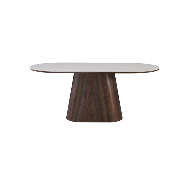 MESA DE COMEDOR CON TOPE ESTILO MARMOL Y BASE ACABADO DE MADERA