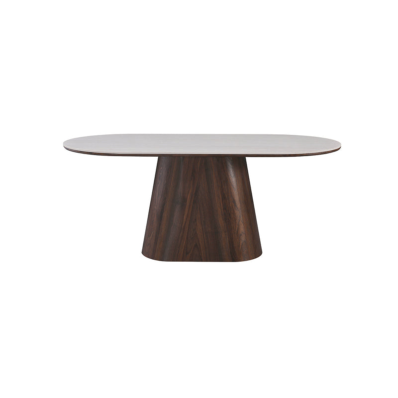 MESA DE COMEDOR CON TOPE ESTILO MARMOL Y BASE ACABADO DE MADERA