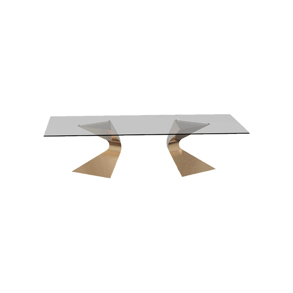 MESA DE COMEDOR CON TOPE DE VIDRIO TRANSPARENTE Y PATAS DORADAS