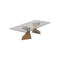 MESA DE COMEDOR CON TOPE DE VIDRIO TRANSPARENTE Y PATAS DORADAS