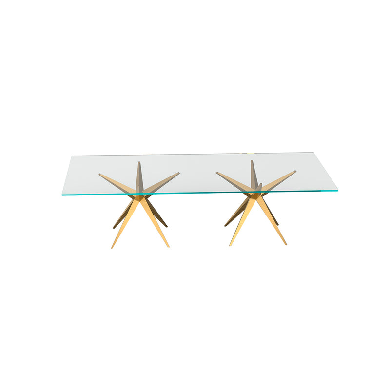 MESA DE COMEDOR RECTANGULAR CON TOPE DE VIDRIO TRANSPARENTE Y BASE DORADA