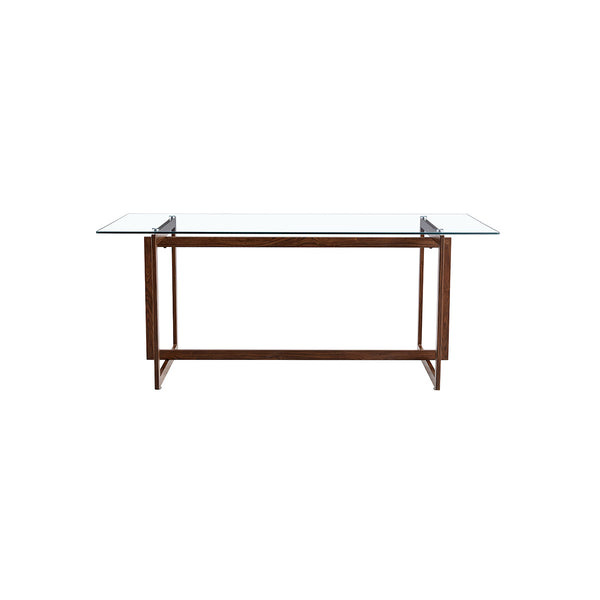 MESA DE COMEDOR TOPE DE CRISTAL Y BASE ESTILO MADERA