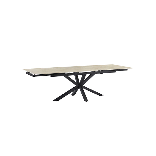 MESA DE COMEDOR EXTENDIBLE TOPE DE METAL ESTILO CERAMICA Y PATAS NEGRAS