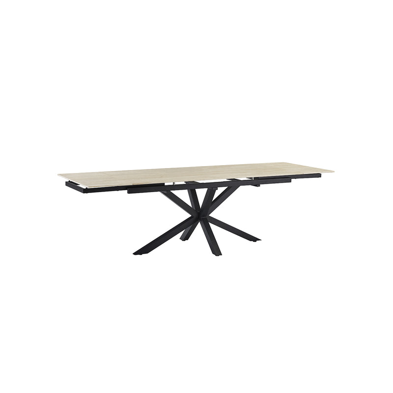 MESA DE COMEDOR EXTENDIBLE TOPE DE METAL ESTILO CERAMICA Y PATAS NEGRAS