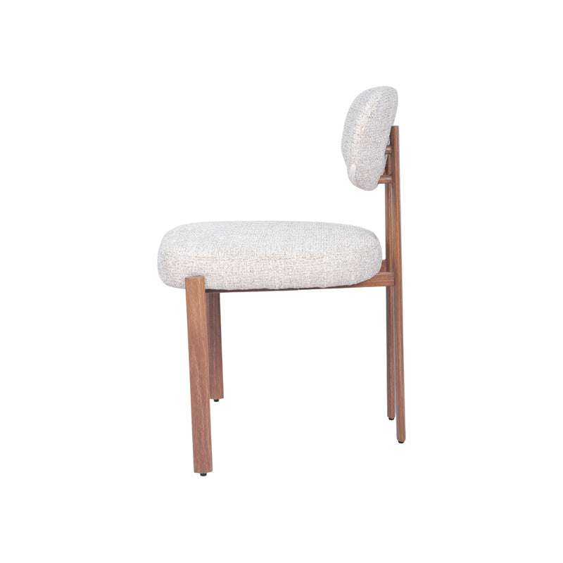 SILLA DE COMEDOR EN TELA TEXTURIZADA MARRON CON BLANCO Y PATAS ACABADO DE MADERA