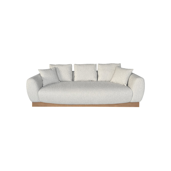 SOFA ESTACIONARIO DE TRES ASIENTOS EN TELA OFF WHITE Y BASE ACABADO DE MADERA