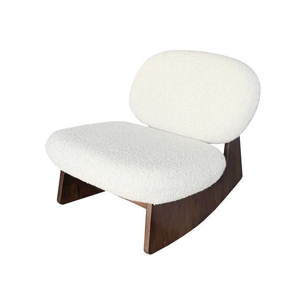 BUTACA MECEDORA EN TELA BLANCA Y BASE ACABADO DE MADERA