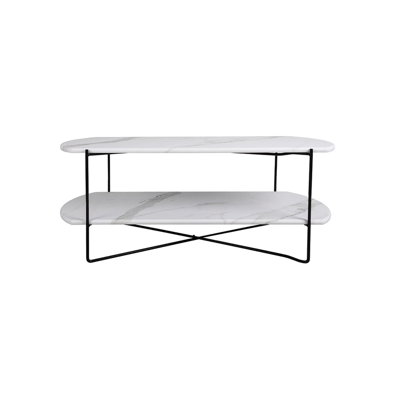 MESA DE CENTRO LINFORD CON TOPE ESTILO MARMOL Y PATAS NEGRAS
