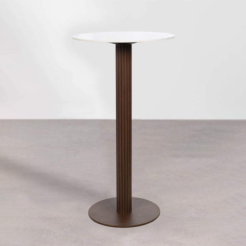 MESA DE BAR TOPE ESTILO CERAMICA BEIGE Y BASE ACABADO DE MADERA